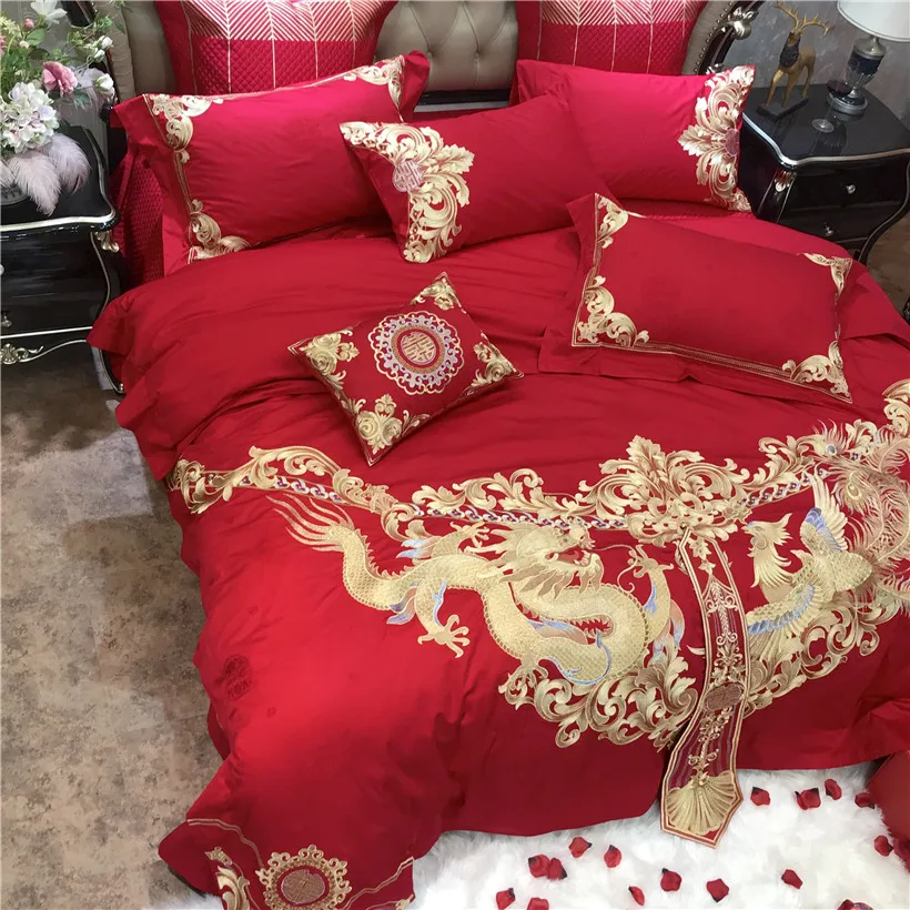Waliicorners Egyptian Cotton Luxury Embroidery Red Wedding Bedding set Duvet cover Bed Sheets,Silky Ultra soft Queen King size 4/6/9- 25 IMG_1142