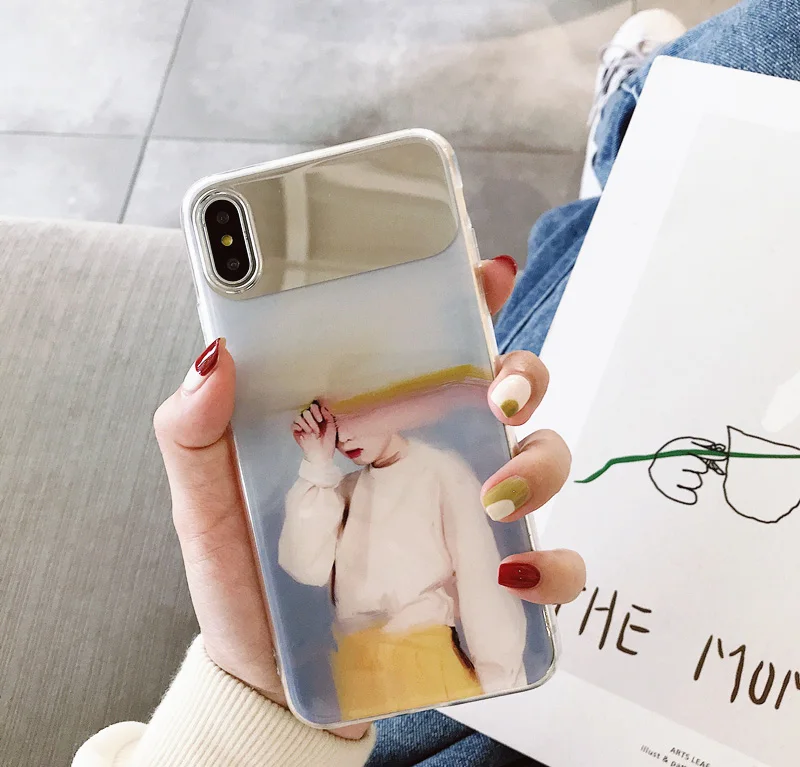 

For Artistic cartoon illustration 7/8plus Apple X mobile phone shell iphonexs max/6s/XR mirror girl