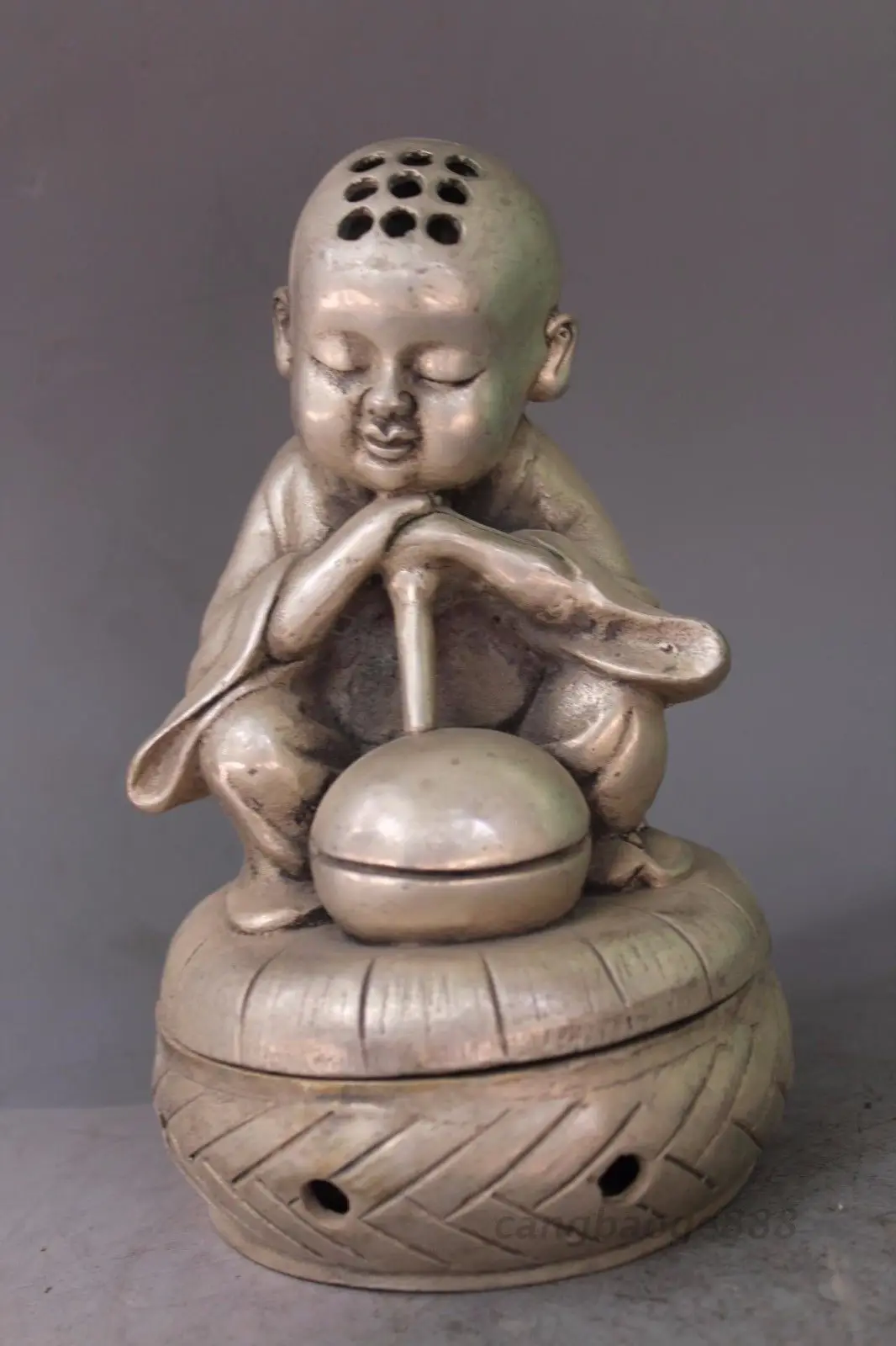 

7" Chinese silver Monk Kid Boy Buddha Incense Burner Censer Incensory Statue