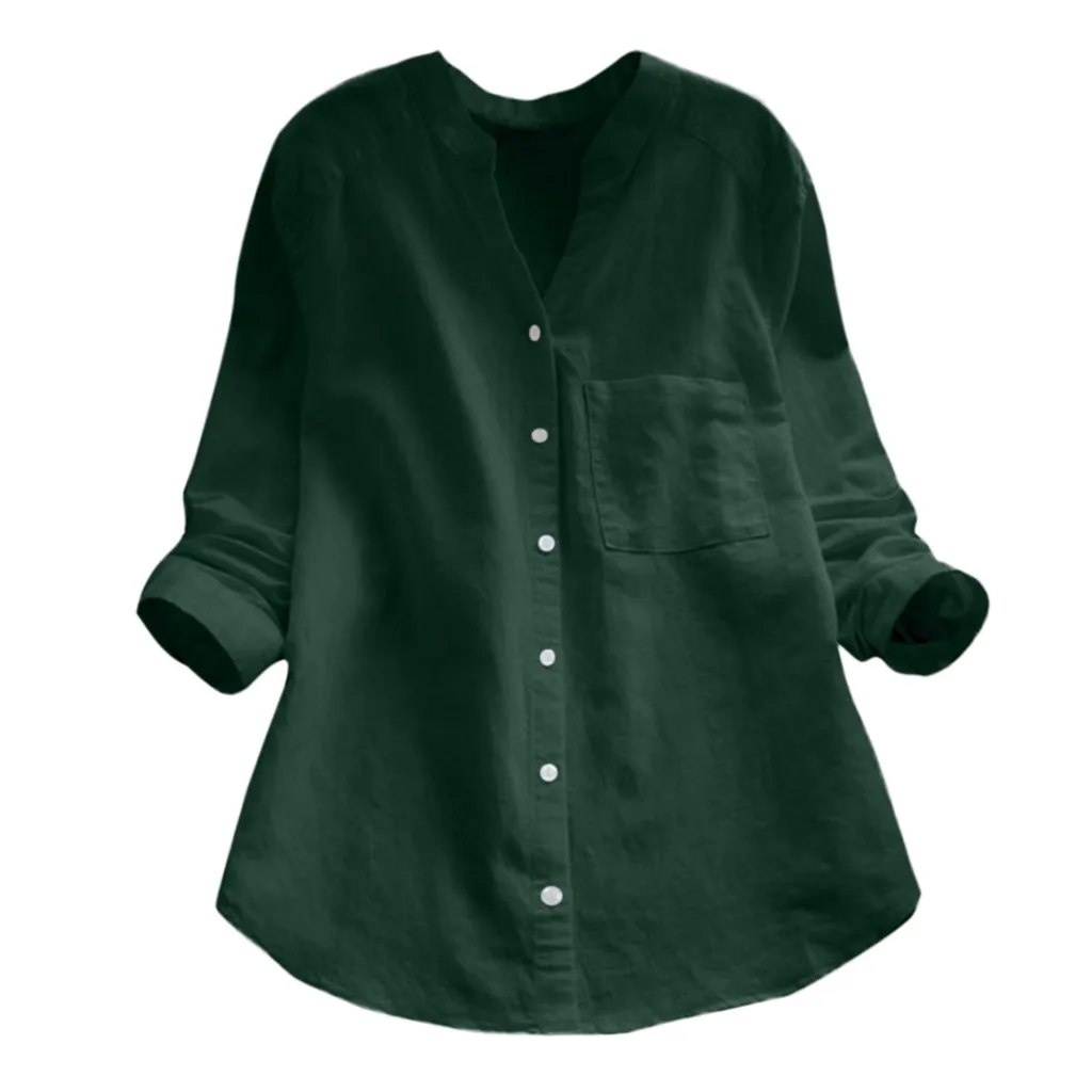 

20#Women Cotton linen Casual Solid Long Sleeve Shirt Button Down Tops long sleeve shirt women haut femme camisas mujer 2019
