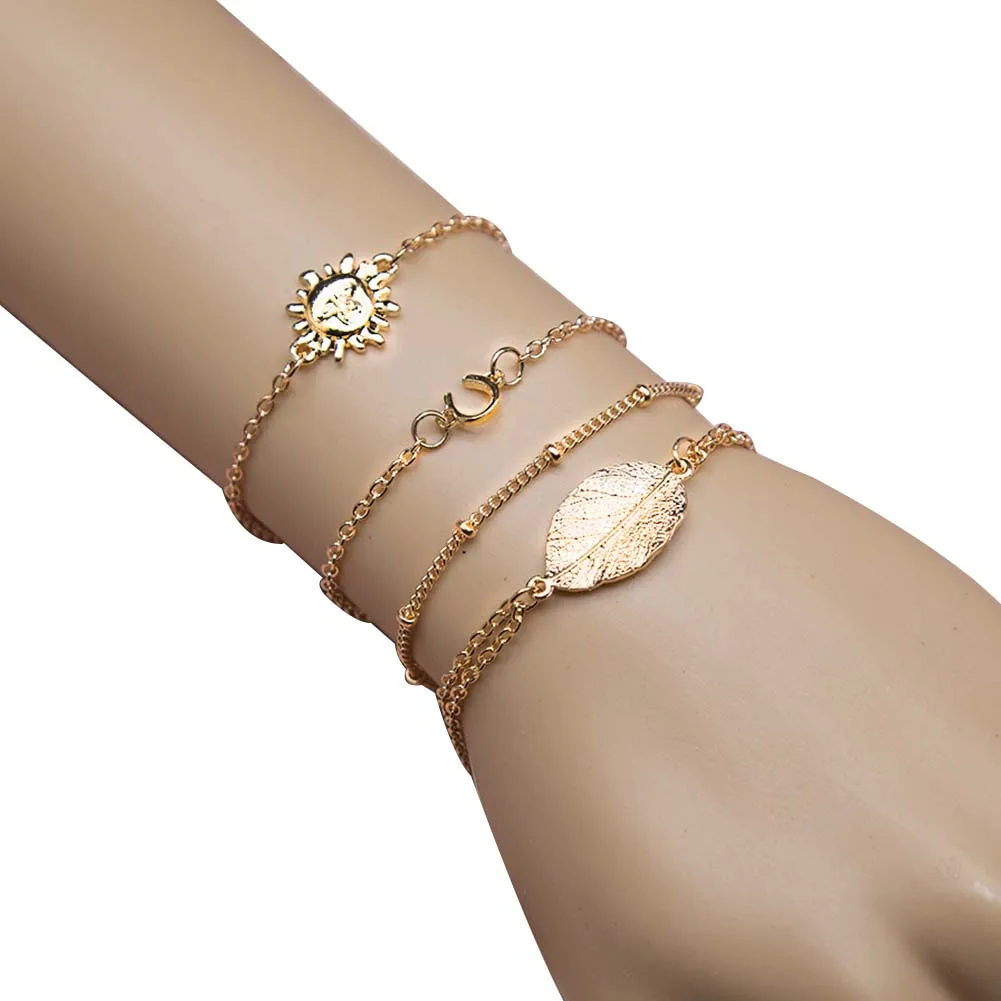 4PCs/Set Stylish Vintage Girls Women Couple Gifts Gold Color Leaf Chain Bracelet Bangle Wristlet