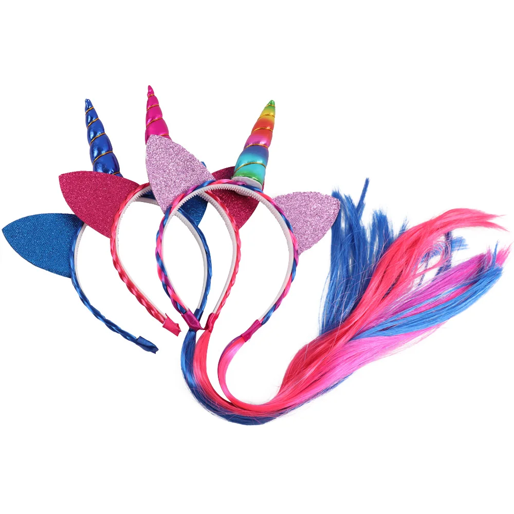 Блестящая головная повязка с ушами радужного цвета Ponytai для девочек принцесса коса парик зубы Hairban рога вечерние аксессуары для волос