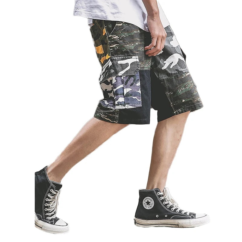 

ABOORUN 2019 Men's Shorts Euro-America Camouflage Printed Patchwork Pants Tide Brand Hip Hop Cargo Pants for Male x2511
