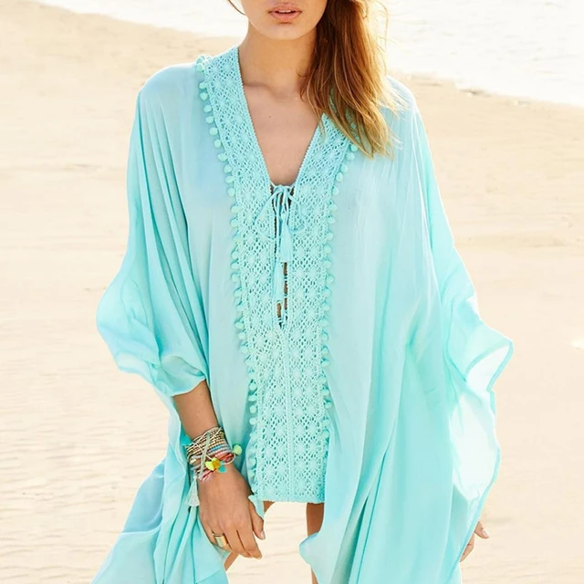 Cheap New Pareo beach blouse cover up V neck lace patchwork crochet hollow out lace-up half sleeved batwing bikini swimsuit cover-ups Cheap New Pareo beach blouse cover up V neck lace patchwork crochet hollow out lace-up half sleeved batwing bikini swimsuit cover-ups