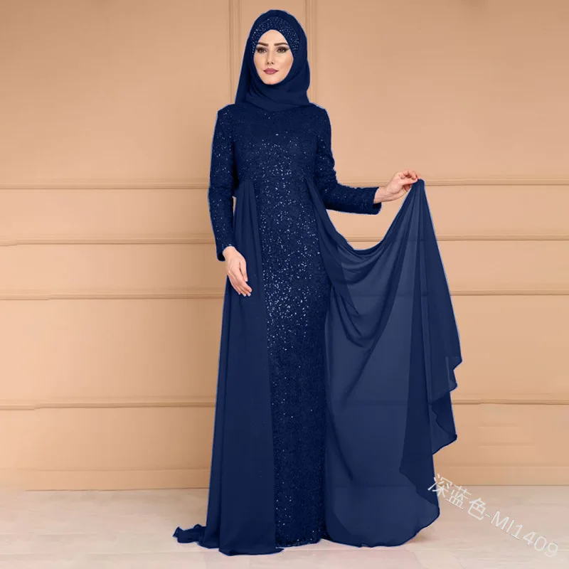 Элегантное мусульманское платье с блестками abaya вечернее платье Vestidos кардиган-кимоно длинные халаты Jubah Ближний Восток Eid Рамадан исламский - Цвет: navy blue