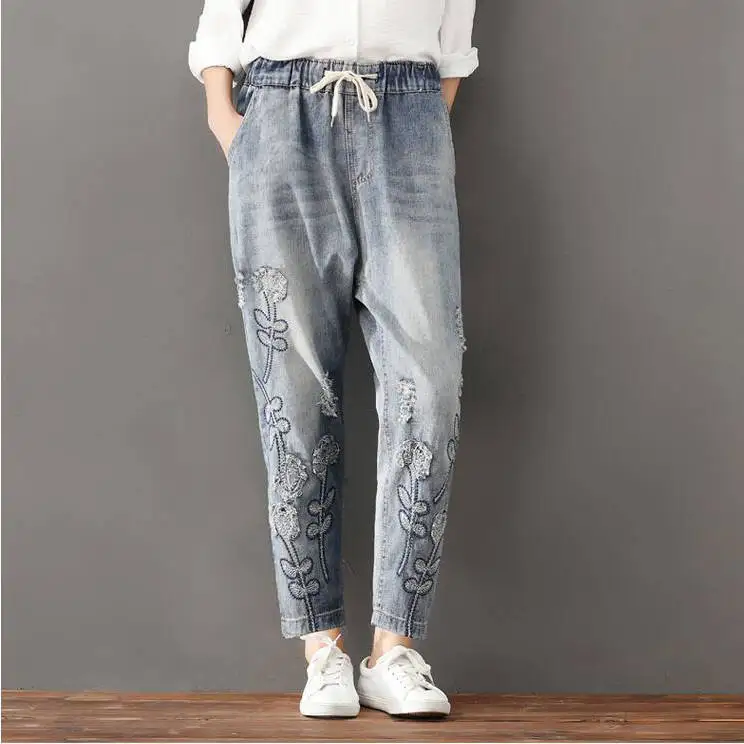 #4605 Ripped Jeans For Women Fashion Vintage Harem Jeans Loose Plus Size Elastic Waist Washed Distressed Embroidery Floral