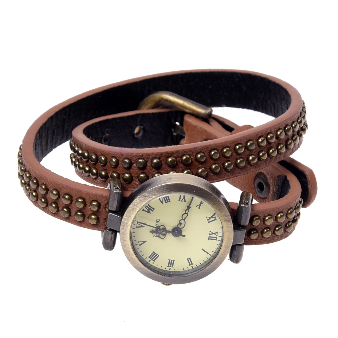 

Watch brown Leather Quartz Bracelet Round Roman Numerals Women Rivets