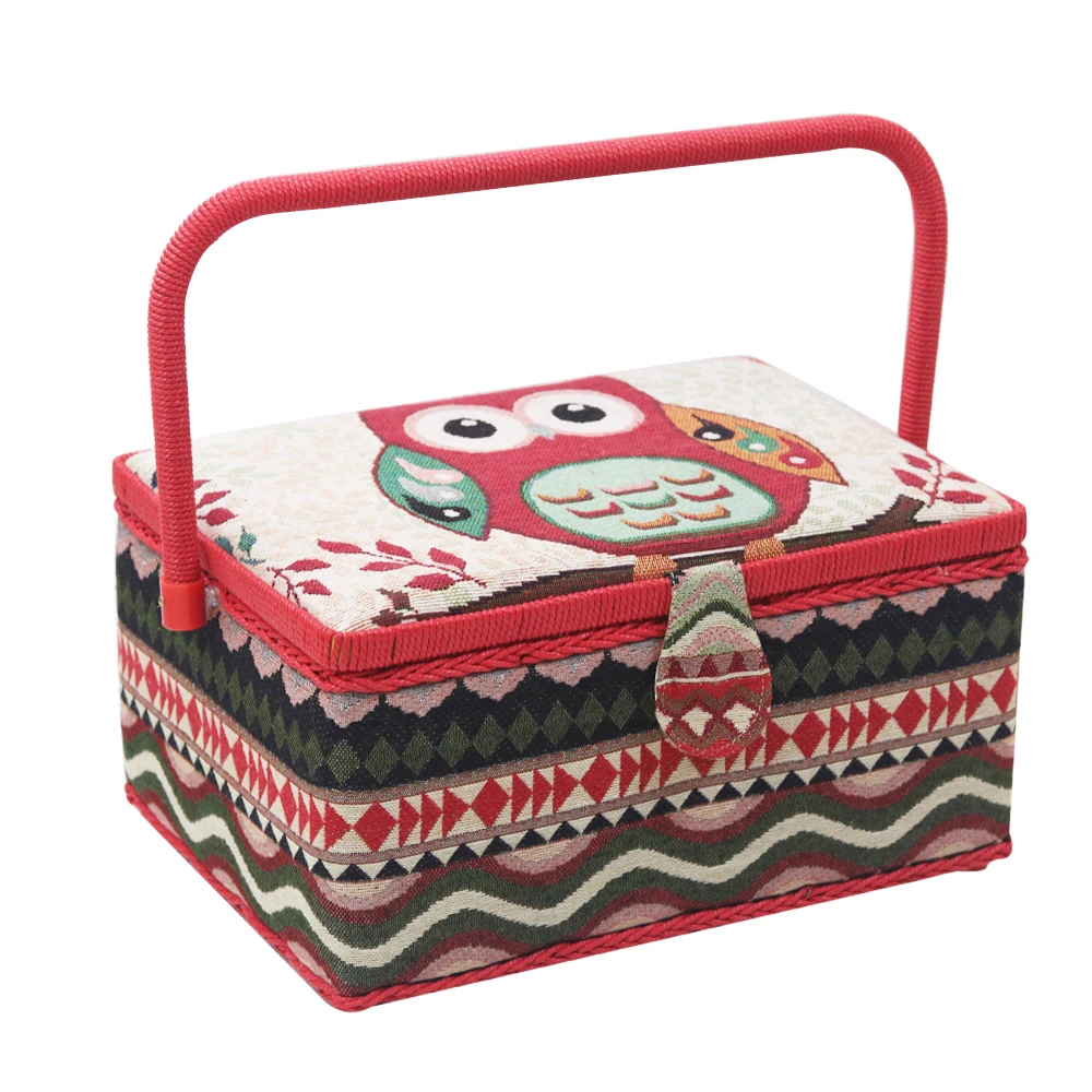 

New Design Owl Pattern Cotton Fabric&Wooden Sewing Box with Assorted Sewing Tools Multi-function Storage Basket 30.5*23*15.5cm