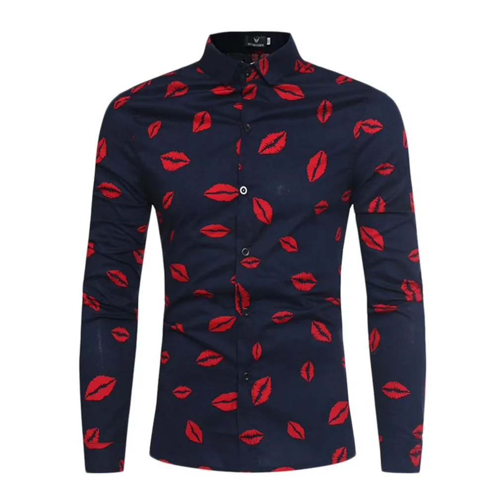 

Men Lips Printed Shirt Autumn Male Fashion Long Sleeve Business Open Stitch Turn-down Collar Casual Linen Men Shirts