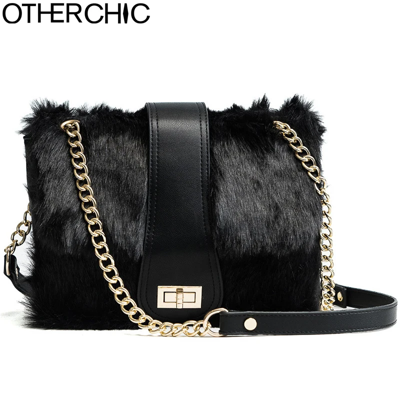 OTHERCHIC French Style Brand Women Designer Shoulder Bag Fur Black
