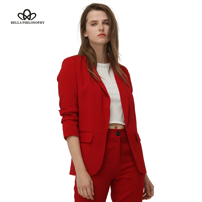 

Bella Philosohy 2019 Spring Fashion Red Blazer Women OL Puff Sleeve Workwear Blazer Coat No Button Three Quarter Ladies Outwears