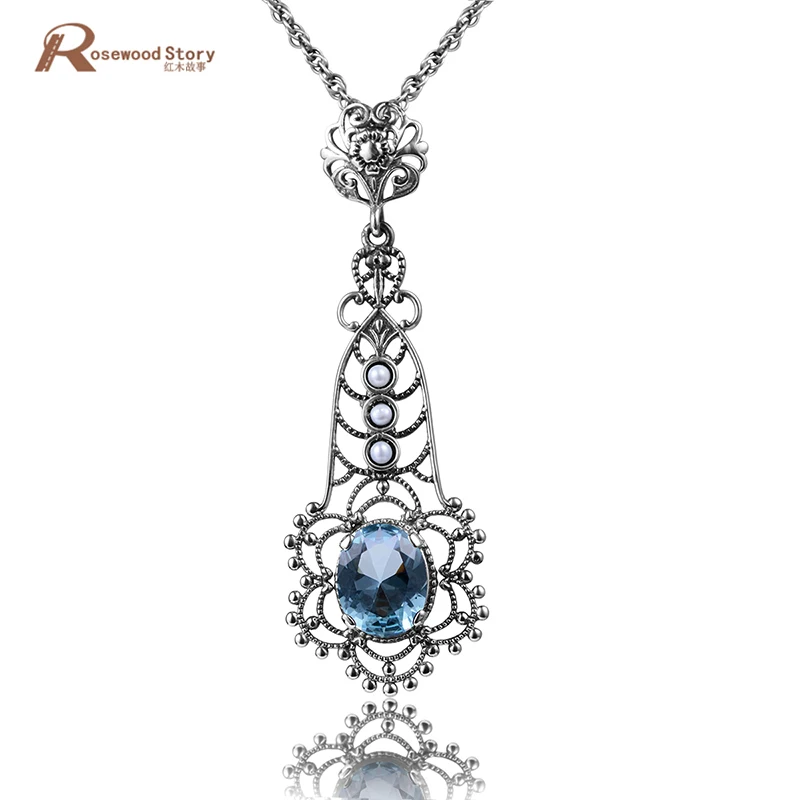 

Fashion quartz crystals sky created aquamarine pendant necklace with natural pearl hollow out 925 sterling silver pendant women