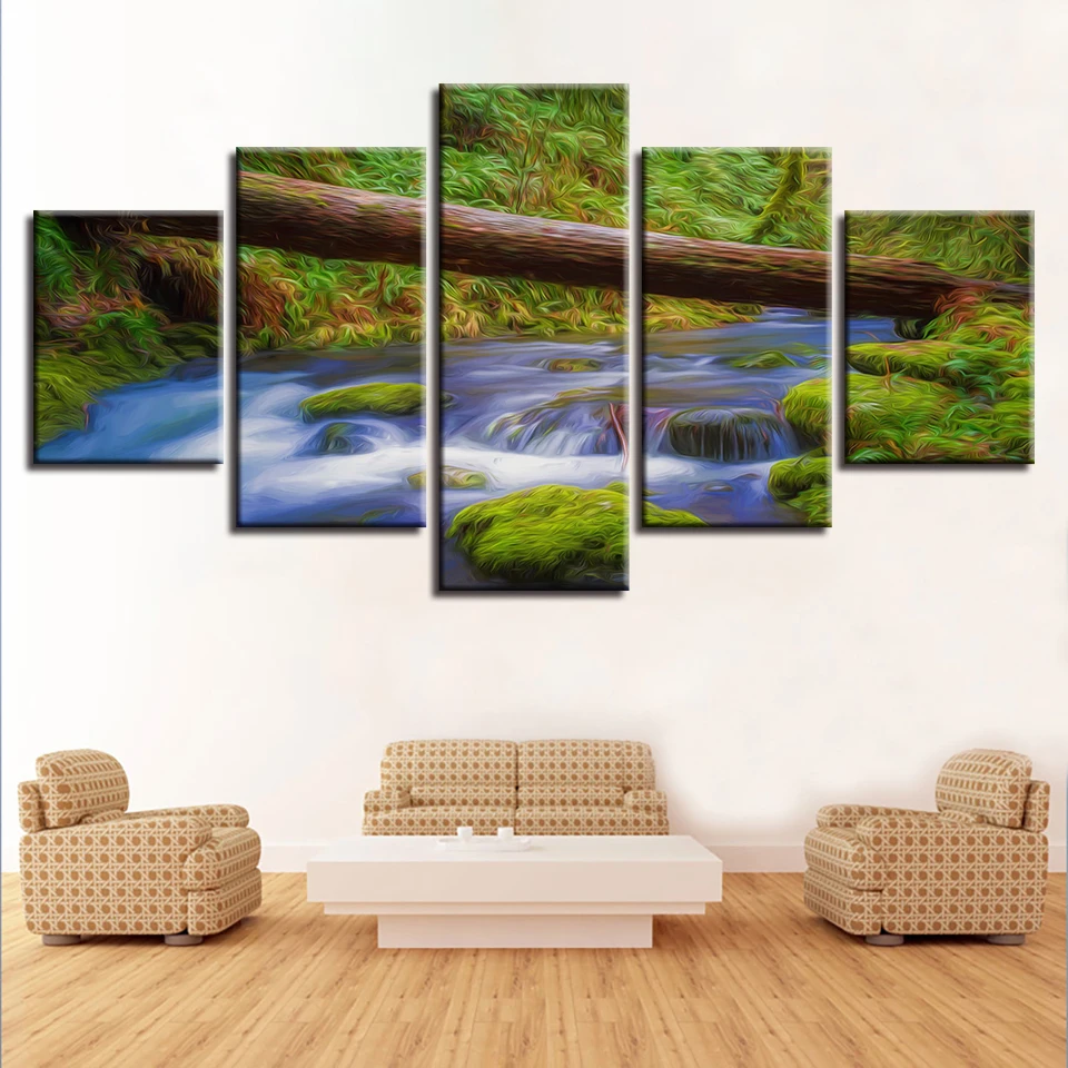 

Wall Art For Living Room Decor Modern Prints 5 Pieces Wood Pictures River Stream Flowing Water Landscape Canvas Painting Modular