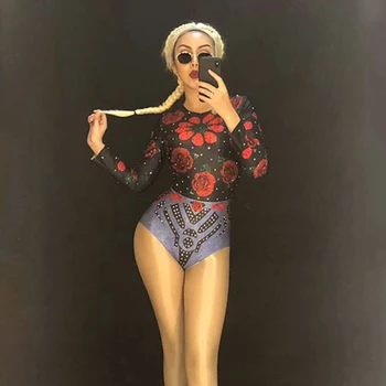 

Women Nightclub Party Stretch Flower Rhinestones Bodysuit Sexy Singer Dance Leotard Performance Sexy Costume Rave Clothes DN3211