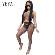 YEYA Sexy Black Mesh Beading Rompers Womens Jumpsuit O-Neck Sleeveless See Through Night Club Party Jumpsuits Two Piece Overalls