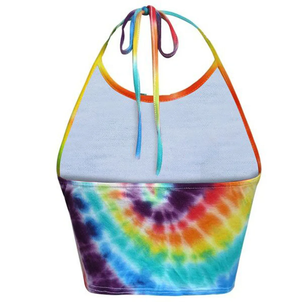 Women Fashion Women Halter Sleeveless Shirt Tie Dye Vest Short Tank Bustier Tops Camisole Bohemian Funny Festa Slim