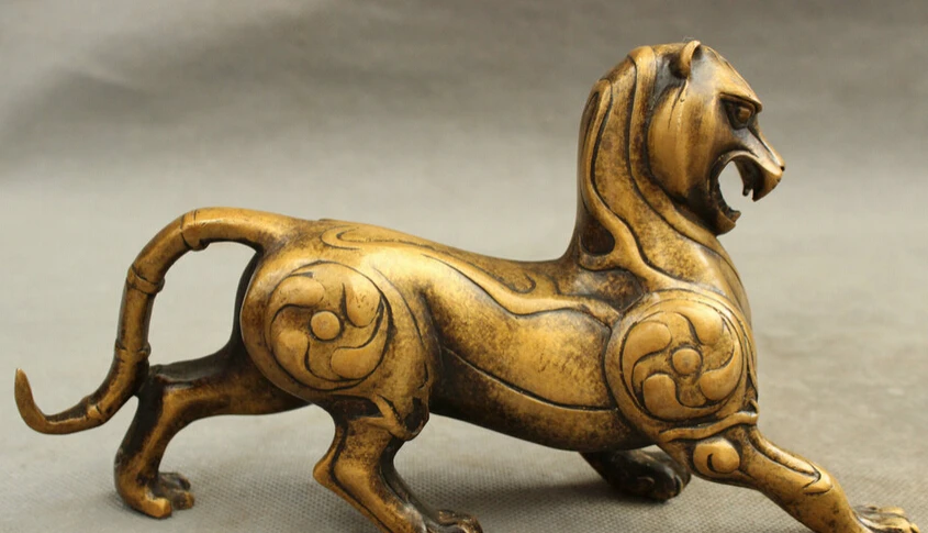 

song voge gem S3494 8" Folk Chinese Bronze Animals Beast Dragon Unicorn Tiger Cast Statue Sculpture