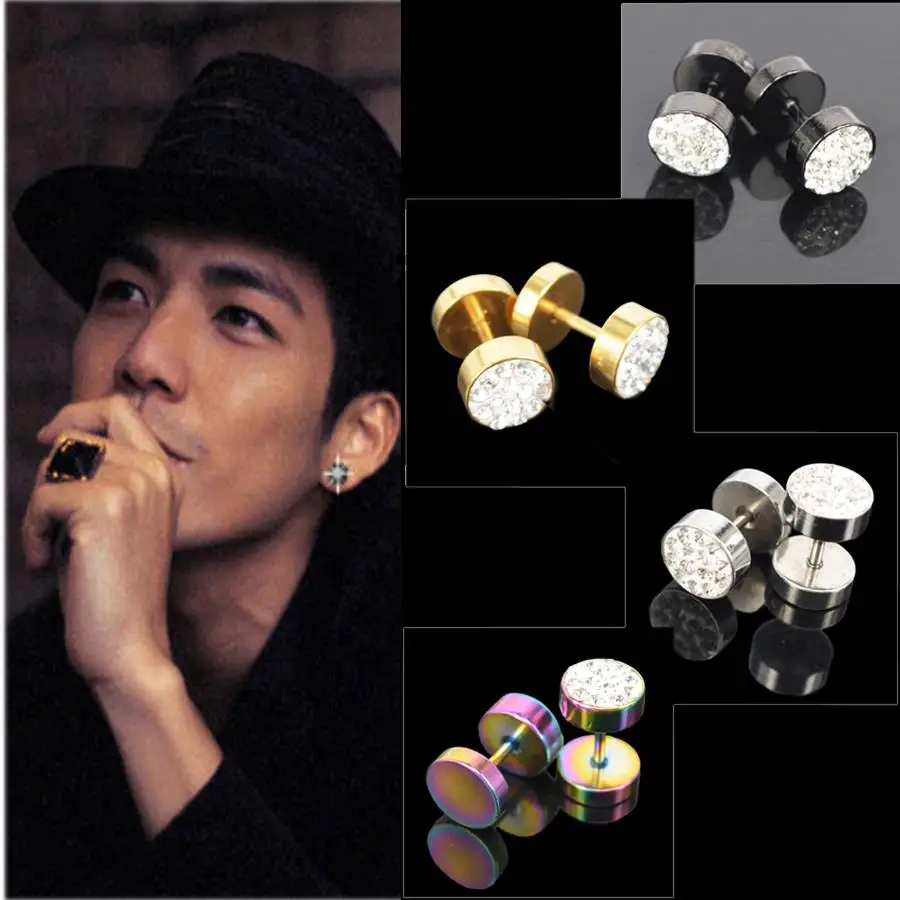 Redive jewelry earrings 2Pcs Men's Barbell Punk Crystal Ear Studs