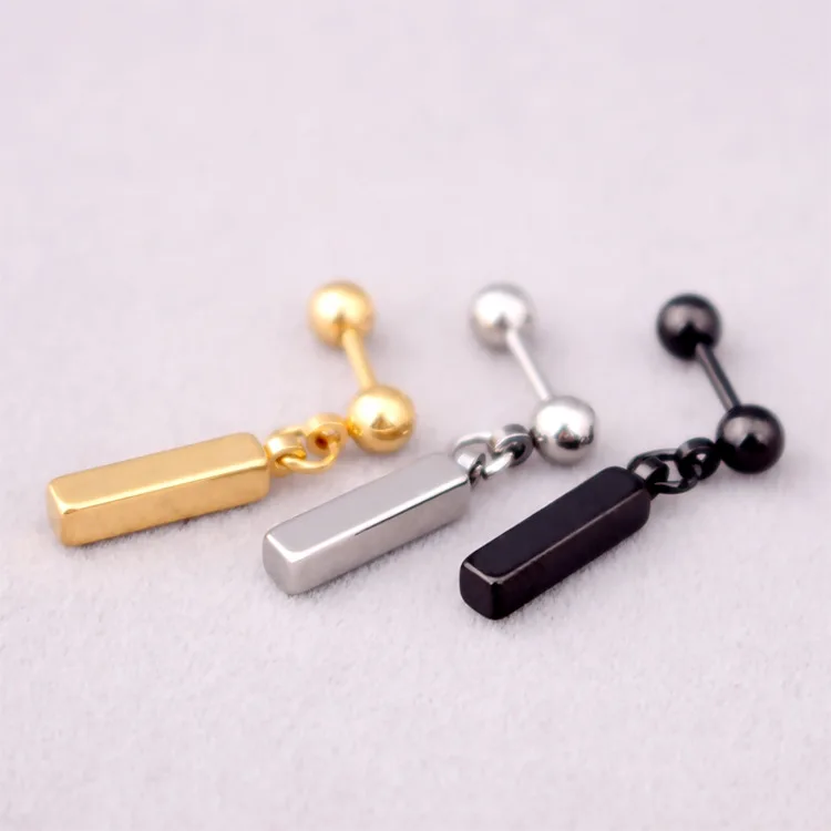 Steel Black Barbell Circle Stud Earrings with Dangling Black Rectangle and Gold Square Men Women