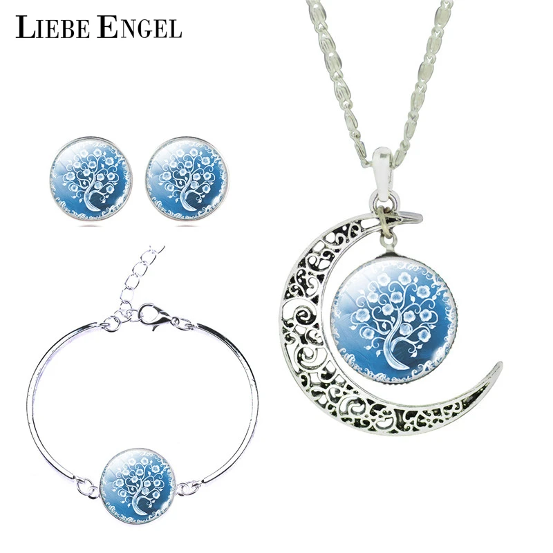 Women Fine Romantic Silver Color Jewelry Sets White Blue Tree Picture Glass Moon Pendant Necklace Stud Earrings Bracelet Set
