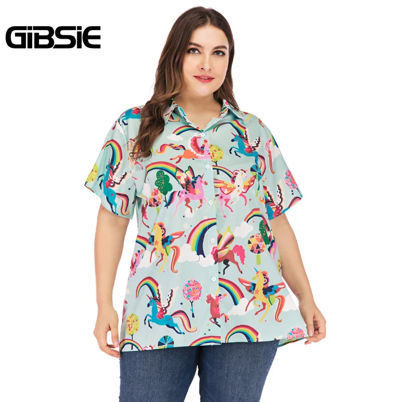 

GIBSIE Plus Size Women Blouses Shirts Casual Print Turn Down Collar Short Sleeve Shirt Ladies Button Summer Top Blouse