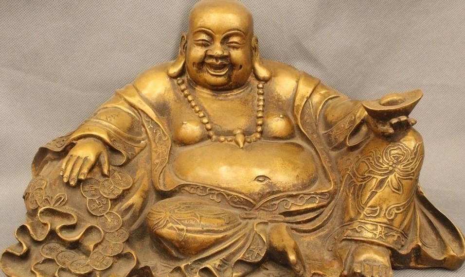 7" Chinese Buddhism Bronze Fu Money Bag Happy Laugh Maitreya Buddha