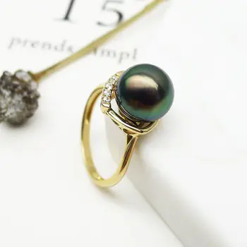 

Free Shipping Gorgeous 10mm Natural Green Genuine Tahitian Cultured Pearl Ring 14K Yellow Gold