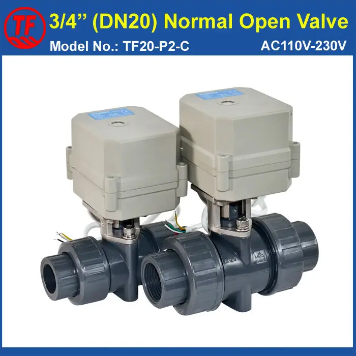 

2 Wires DN20 PVC Normal Open Valve TF20-P2-C BSP/NPT 3/4'' AC110V-230V 10NM On/Off 15 Sec Metal Gear For Water Application CE