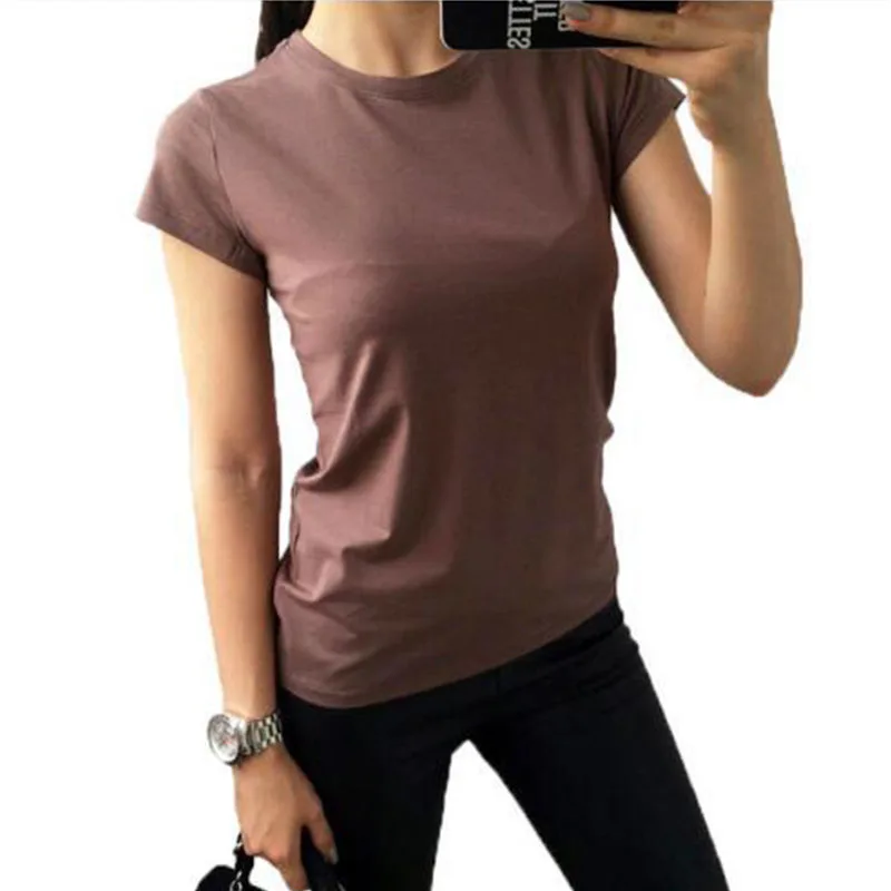 

Candy Color Short Sleeve Women' T Shirt Solid Cotton Elastic Basic Ladies T-Shirts 2019 Summer Slim Skinny Female Casual Tops
