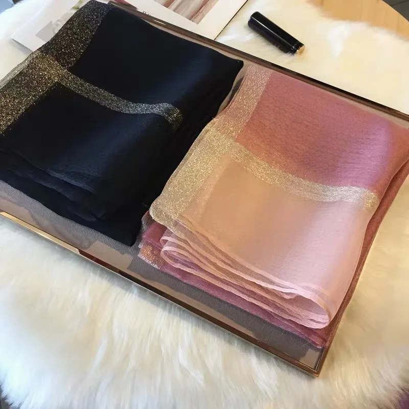 

Silk Scarf Women Spring and Summer Water Ripple Gold Line Solid Color long Scarf Female Shawl hair scarf hijab scarf