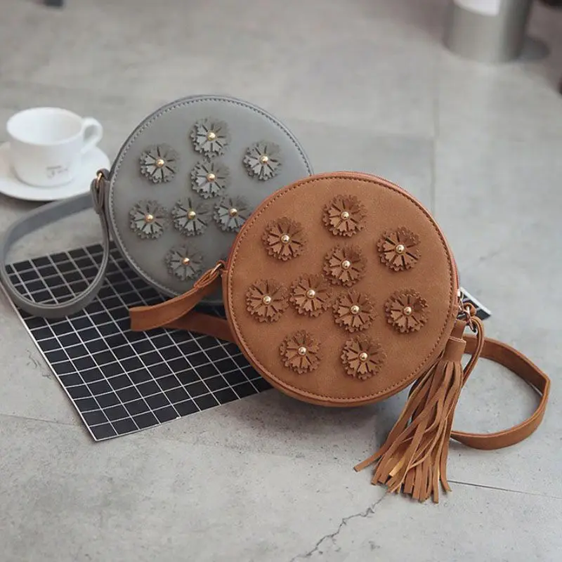 

2019 Women Leather Shoulder Bags Adjust Straps Circular Handbags Fashion Floral Tassels Crossbody Mini Round Bag