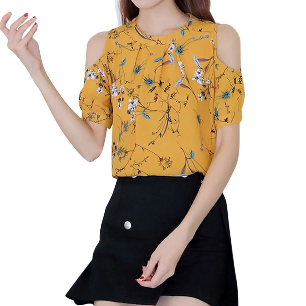 2019 шифон печати Blusas цветочные рубашки для женщин s элегантные открытые плечи