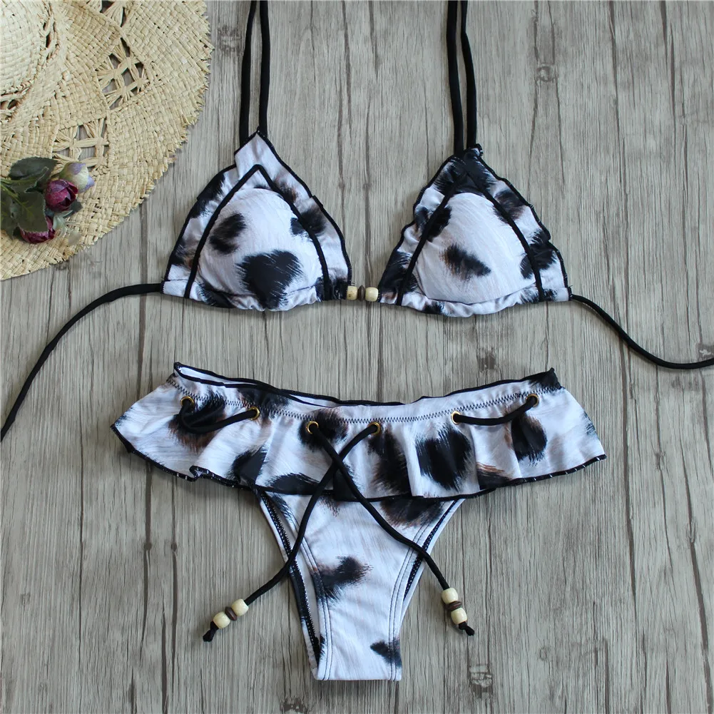 

Sexy Leopard Bikini 2019 Bandeau Swimsuit Ruffle Bottom Swimwear Women Lace Up Bikini Set Push Up Bathing Suit Brazil Biquini