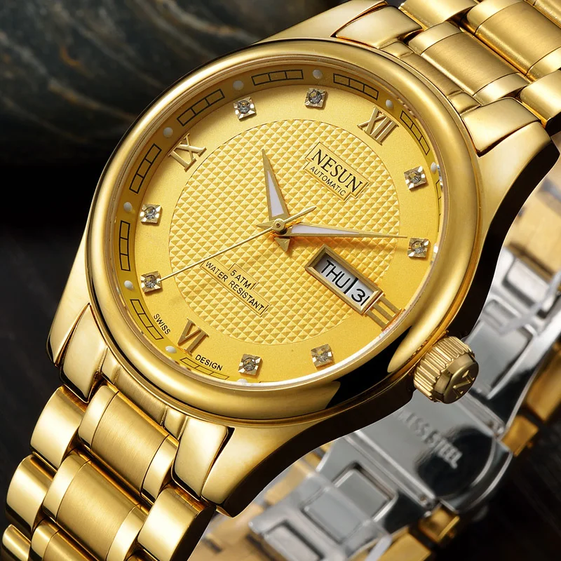

Switzerland Fashion Brand NESUN Watch Men Automatic Mechanical Men's Watches Full 18K Gold color Luminous Waterproof clock N9122