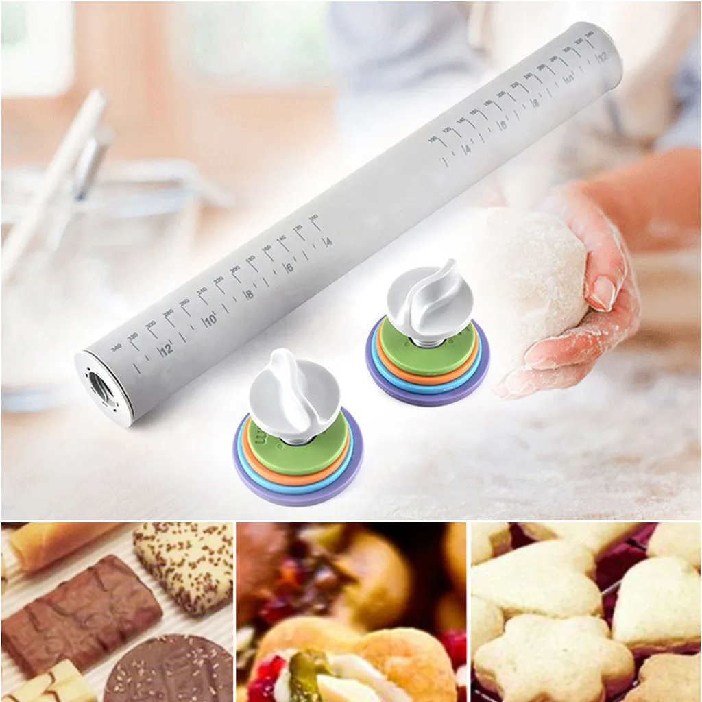 

Non-stick Rolling Pin Silicone Embossing Scale Adjustable Cake Dough Roller
