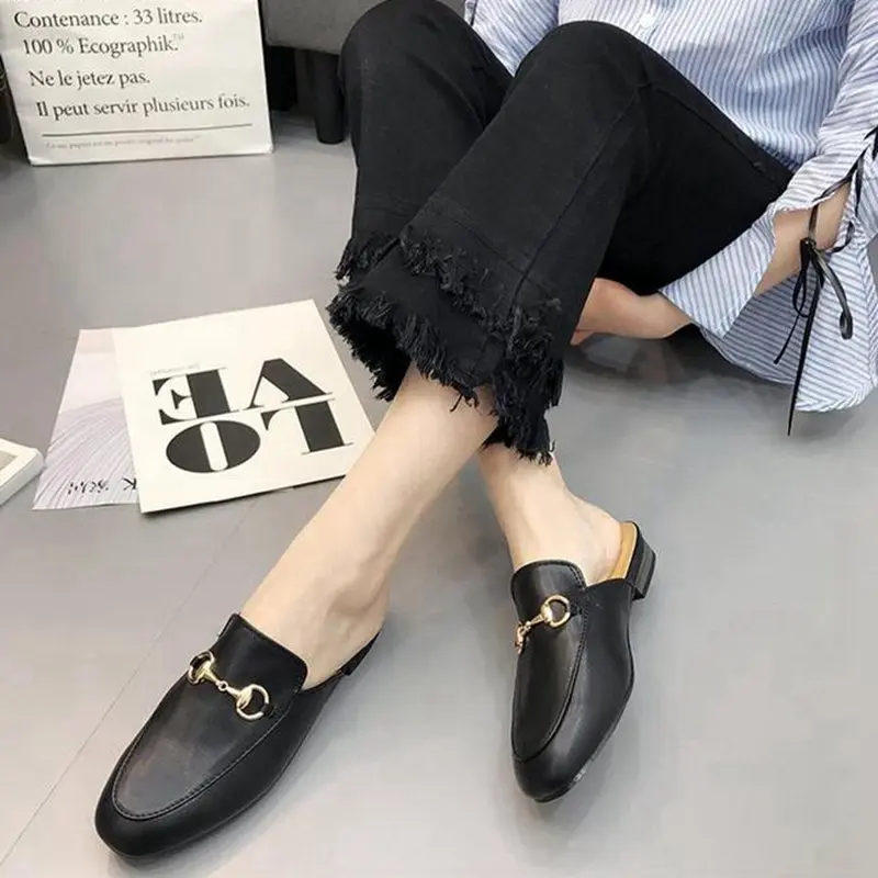 

2018 spring and summer new metal buckle Baotou half flat sandals and slippers large size women's shoes 34-41 yards.