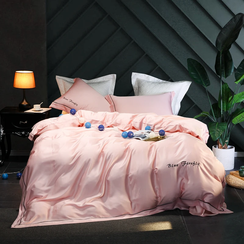 

New Top Luxury 60S Tencel Embroidery Wedding Bedding Set King Queen size 4pcs Duvet Cover Flat Sheet Pillowcase Bed Linen #a