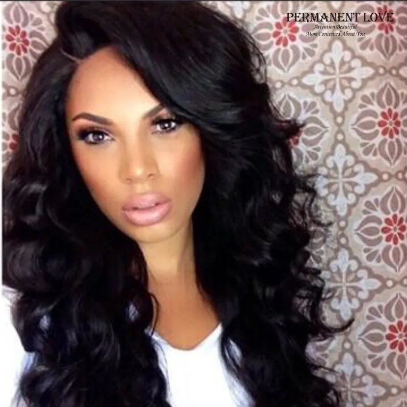 Synthetic hair wigs body wavy long wigs with side bangs black #1 color Celebrity style pelucas for Africa Black women full wigs