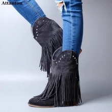 Супер кожаные ботильоны с круглым носком на плоской подошве с бахромой; ботинки на высоком массивном каблуке; сапоги для верховой езды с заклепками; женская обувь;