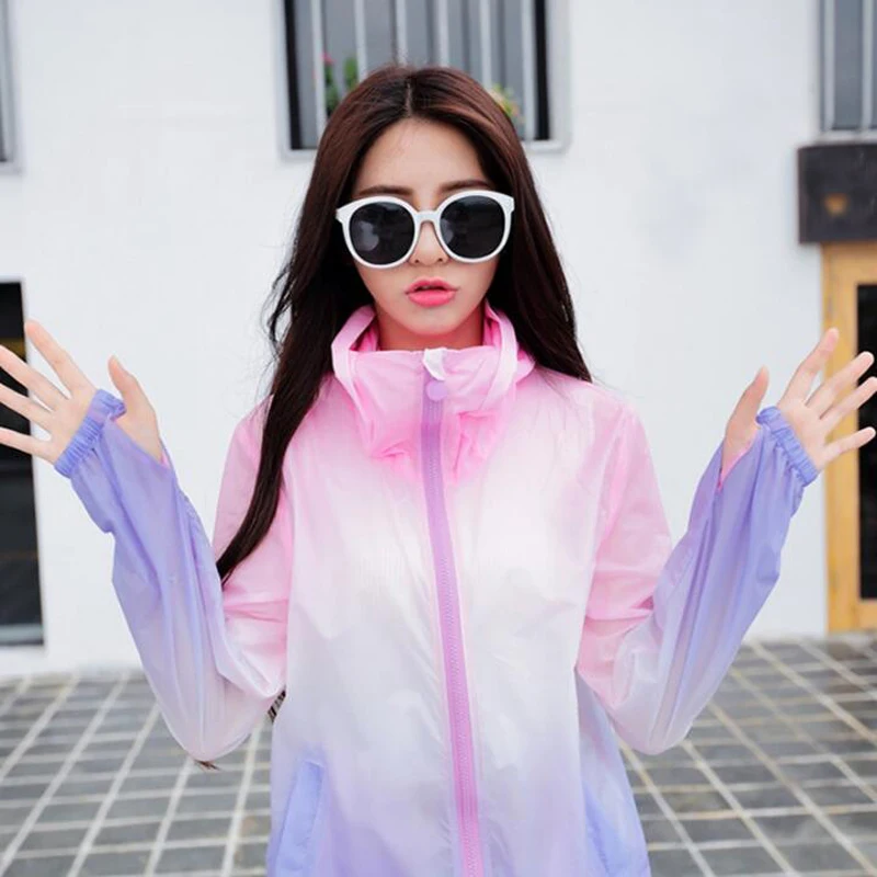 Greatest  2017 Fashion Summer rainbow color Sun UV Protection Clothing Hot Female Hooded Jacket Thin Breathab