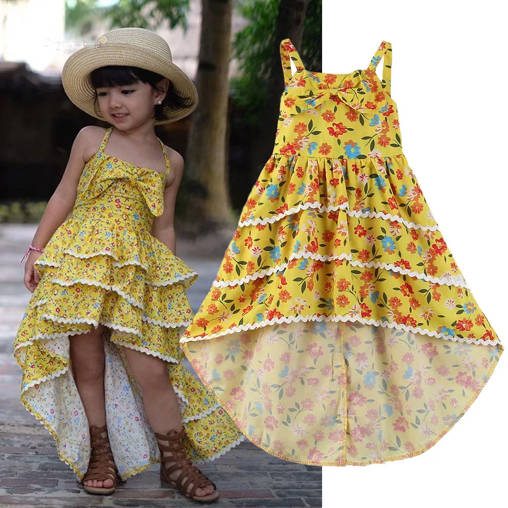 

2019 Summer Children's Clothing Girls Floral Bow Sling Princess Dress Children Printed Irregular Dovetail Dresses