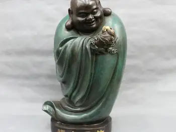 

18'' China Buddhism Happy Maitreya Buddha Hand Hold Bat Bronze Statue
