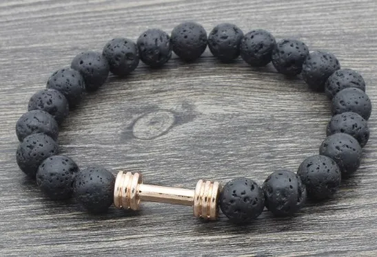 

8mm gold silver Dumbbell b34534 Reiki Buddha bh4345 Yoga elastic thread adjusted black volcanic lava Stone bead Bracelet Bangles