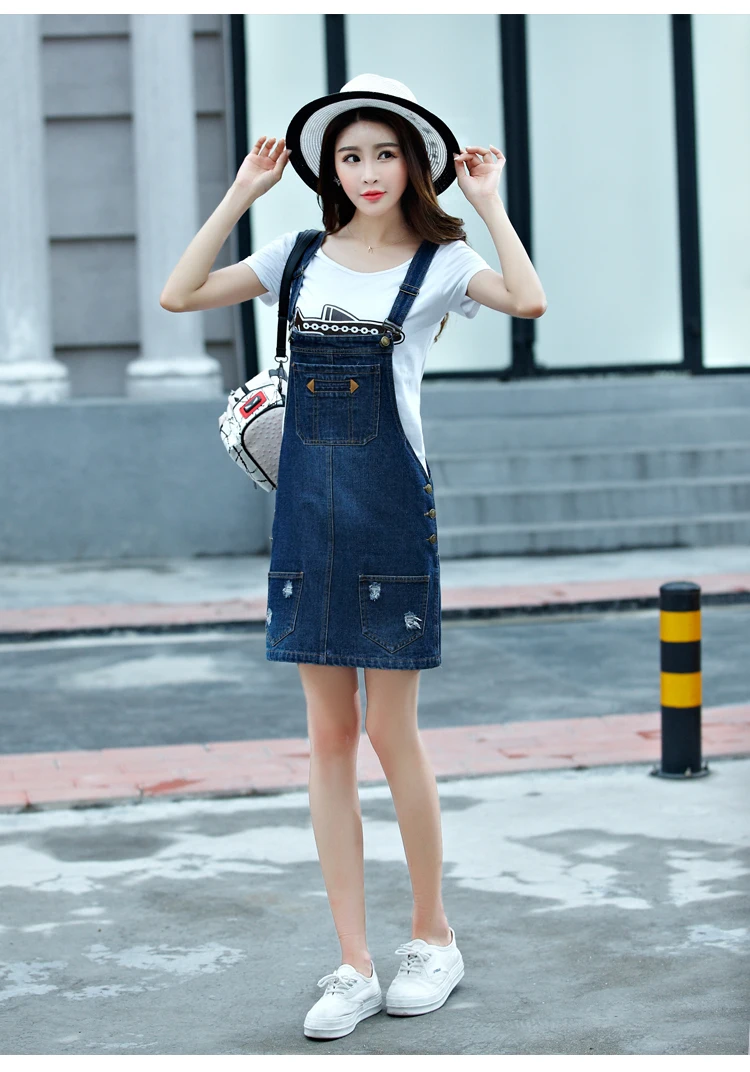 

Women girl casual hole jean skirt overalls denim short overalls plus size