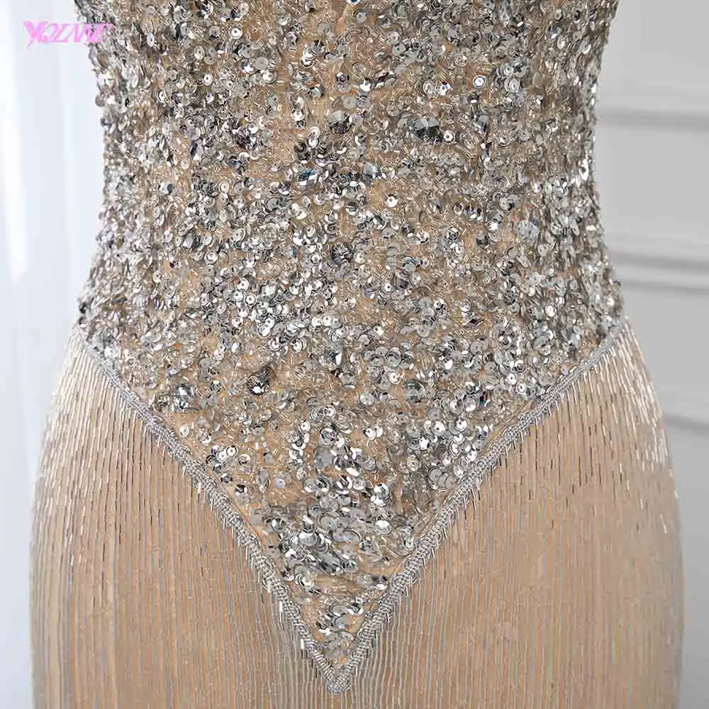 Luxury Deep V-neck Gold Crystals Evening Dress Long Beaded Mermaid Dress Formal Gown YQLNNE Luxury Deep V-neck Gold Crystals Evening Dress Long Beaded Mermaid Dress Formal Gown YQLNNE