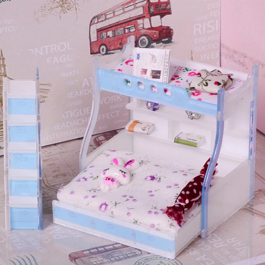 1/12 Miniature Children Bunk Bed Double Bunk Dollhouse Bedroom Furniture Kids Pretend Play Toy #3 Dolls House Accessories