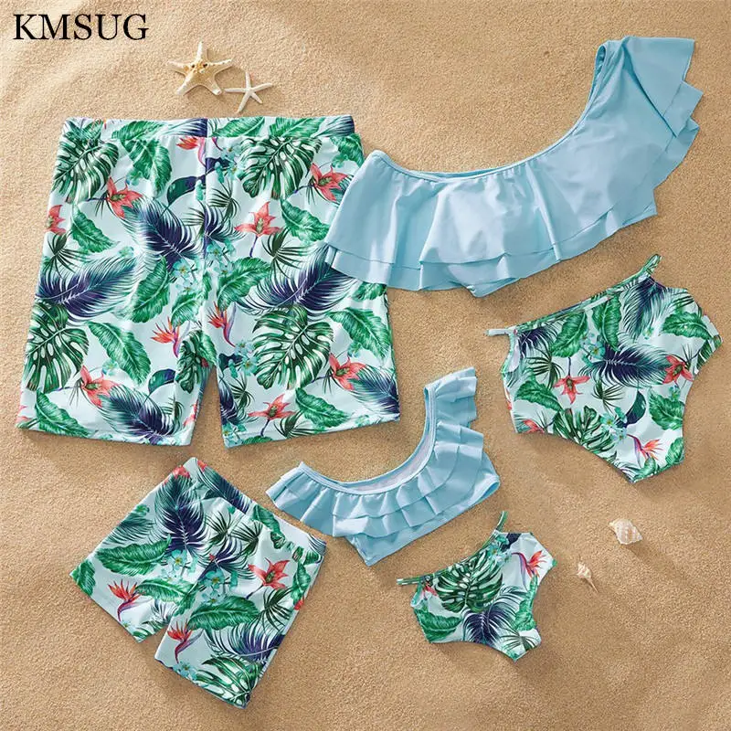 

Swimsuit Mother Daughter Green Leaf Print Ruffled Bikini Set Family Matching Swimwear Family Look Men Boys Shorts D13