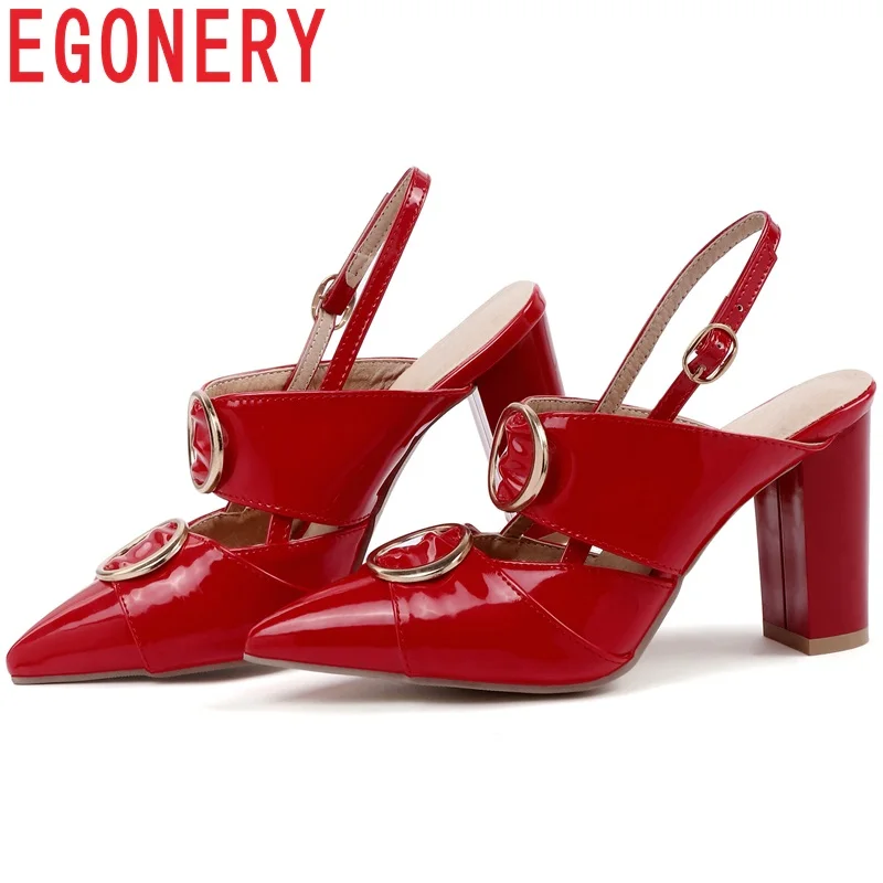 

EGONERY Brand high quality Patent Leather Party Slingbacks pumps spring summer Classics Mules plus size High heels women shoes