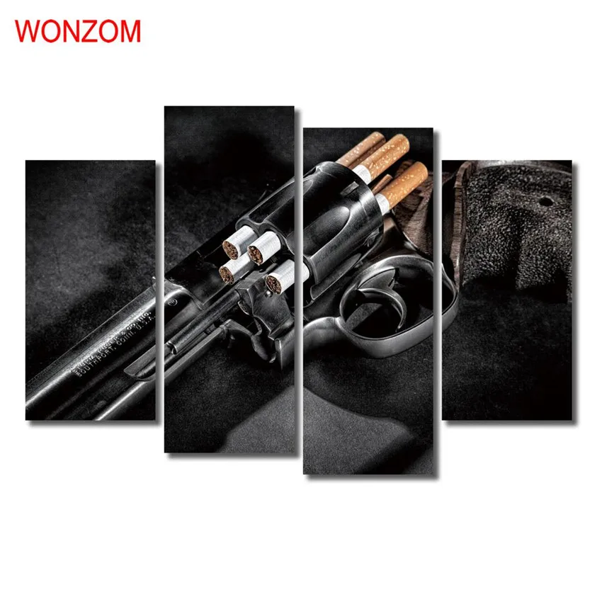 WONZOM 4Pcs Gun Canvas Printings Modern Pistol Painting On Canvas Rifle