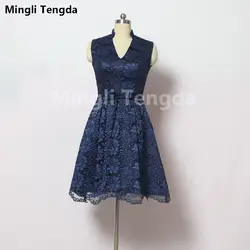 Mingli Tengda темно-синего кружева платья невесты Короткие с v-образным вырезом Элегантные платья невесты с пояса спинки платье без рукавов